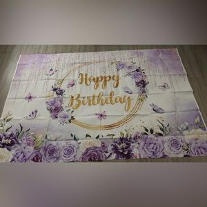 Happy Birthday Floral Backdrop - Purple & Gold